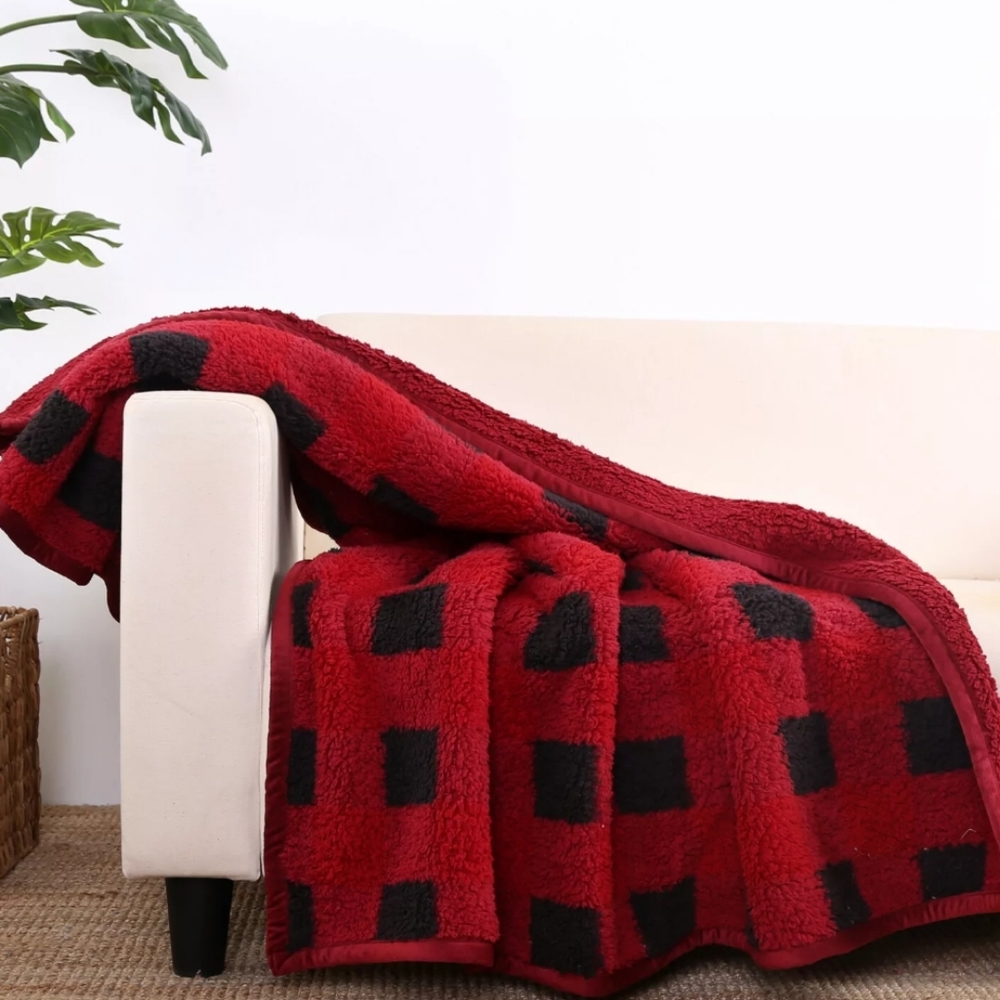 Sherpa Velvet Plush Throw Blanket 50" x 60" NWT Buffalo Check Red & Black